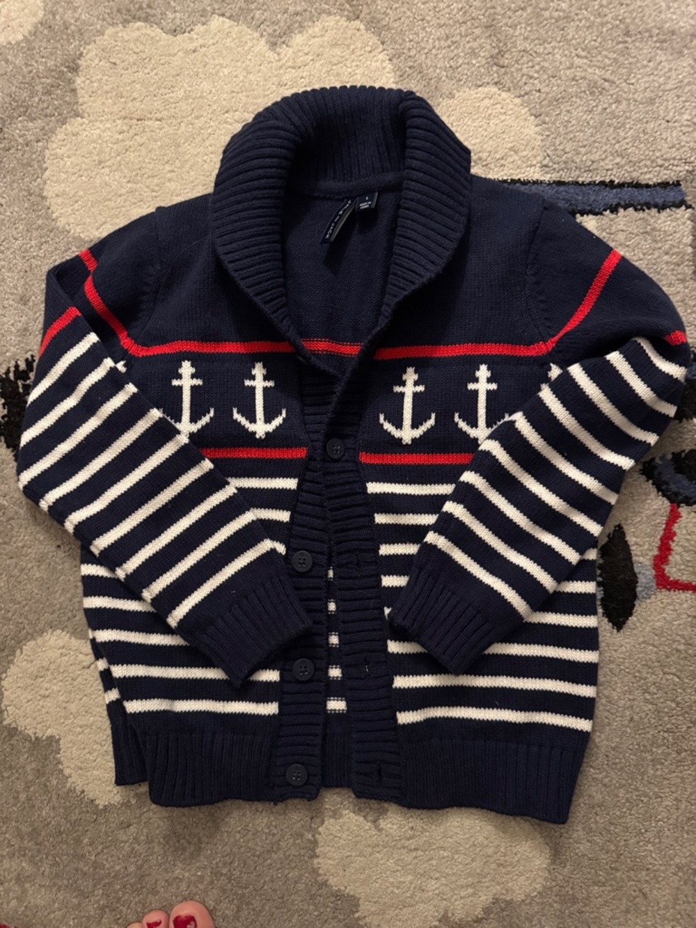 Janie and Jack Navy, White & Red Anchor Shawl-Collar Cardigan